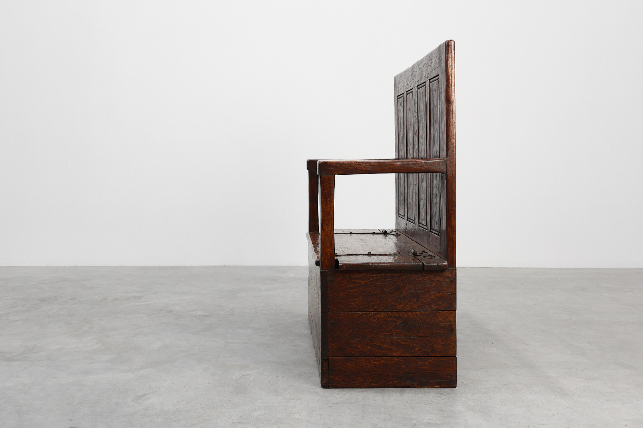 Rustic solid oak carved bench with storage compartment, France 19th centurythumbnail